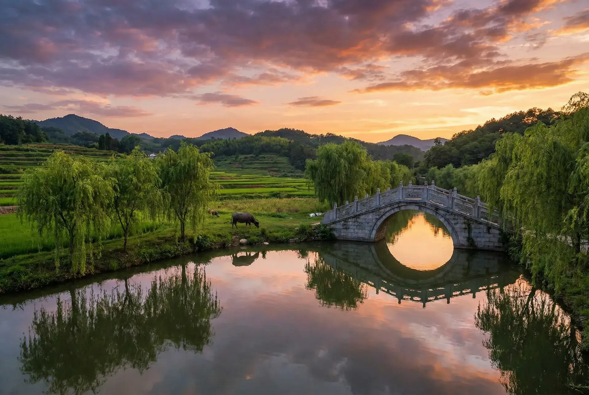 夕阳下的石拱桥与垂柳，水牛在河边吃草 - 韩剧国语版灿烂人生 乡村美景